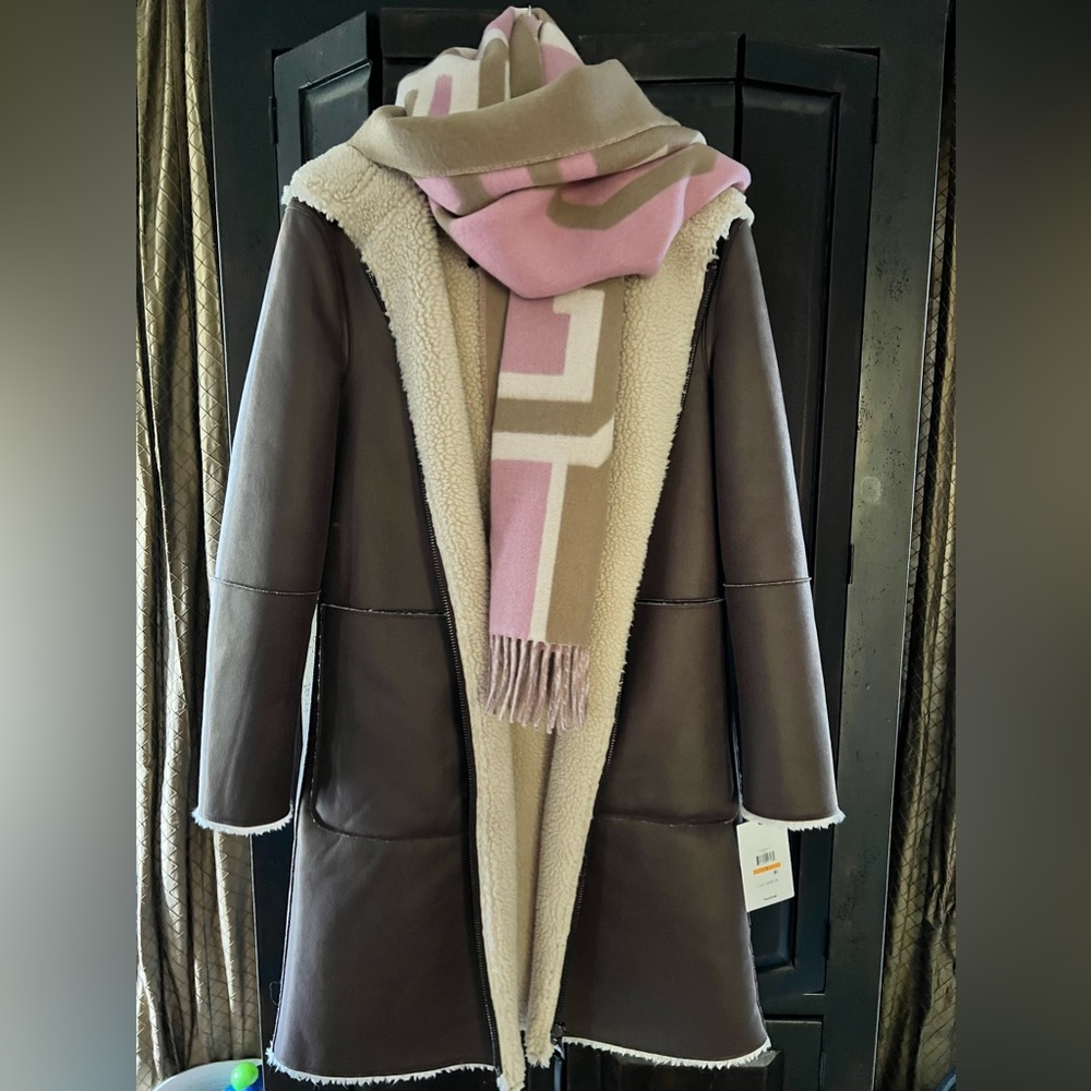 DKNY Leather Like/Sherpa Fur Brown Hooded Trench Coat Sz S